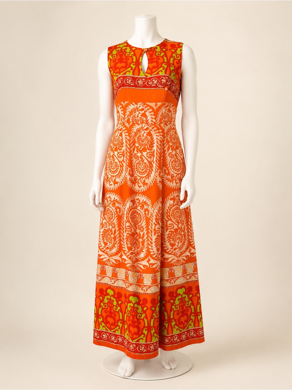 Vintage 1970s Malihini Hawaii Maxi Dress Orange Green Hawaiian Mod S/M